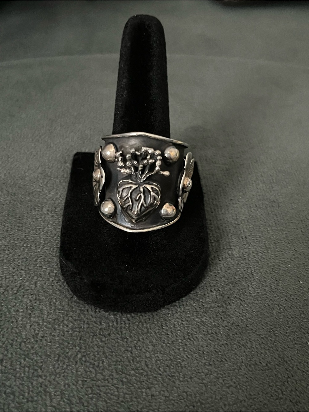 Taxco Silver Sacred Heart Floral Wide Band Ring